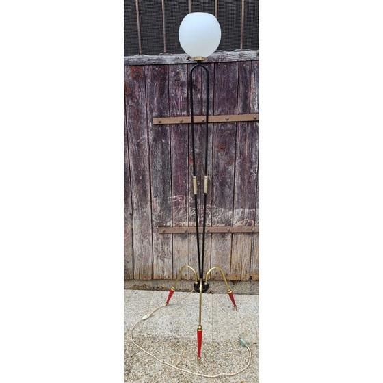 Image 1 of Vintage tripod floor lamp in steel, brass and opaline, 1950