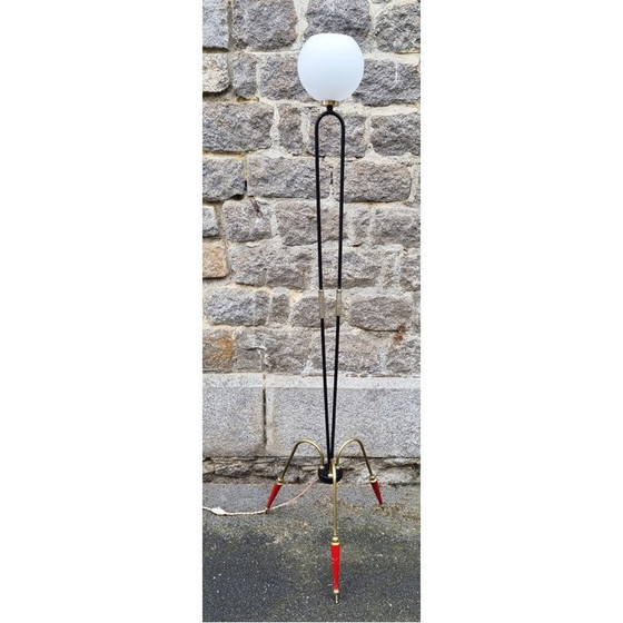 Image 1 of Vintage tripod floor lamp in steel, brass and opaline, 1950