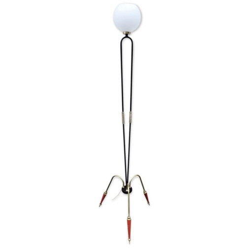 Vintage tripod floor lamp in steel, brass and opaline, 1950