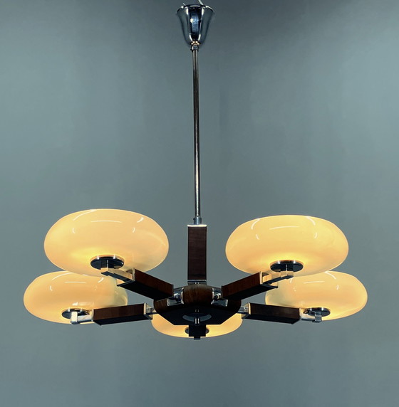 Image 1 of Art Deco Wood And Glass Chandelier, 1930S, Restored