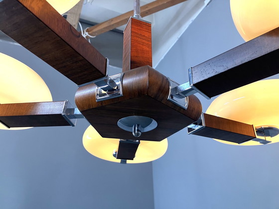 Image 1 of Art Deco Wood And Glass Chandelier, 1930S, Restored