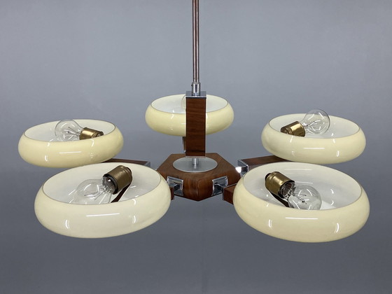 Image 1 of Art Deco Wood And Glass Chandelier, 1930S, Restored