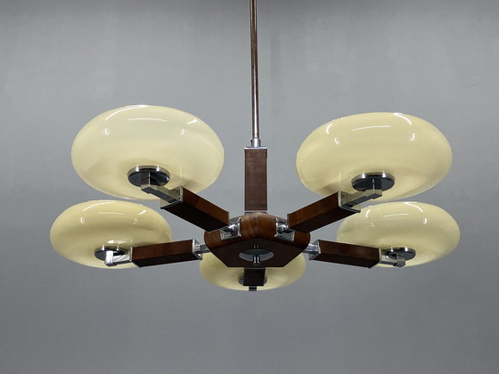 Image 1 of Art Deco Wood And Glass Chandelier, 1930S, Restored