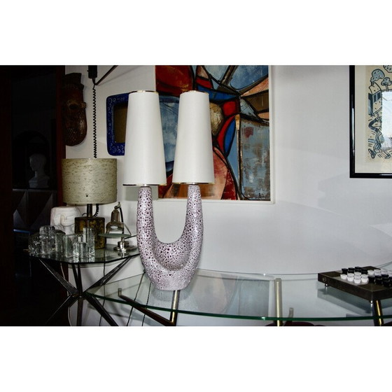 Image 1 of Vintage white and red ceramic lamp for Marino Le Vaucour, France 1950