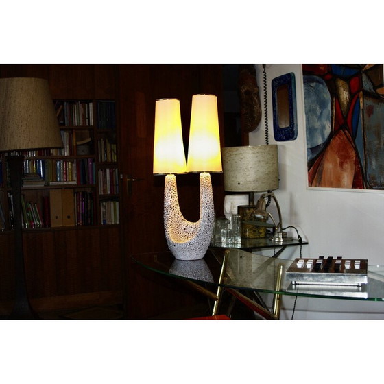 Image 1 of Vintage white and red ceramic lamp for Marino Le Vaucour, France 1950