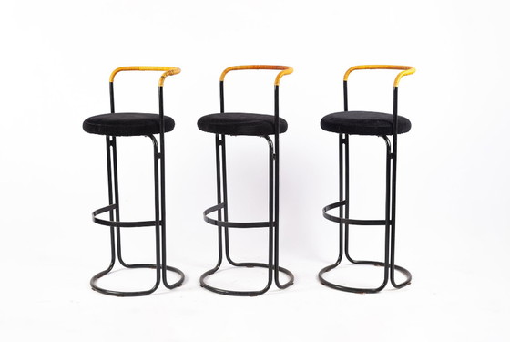 Image 1 of 3x Poul Norreklit bar stools in black metal & rattan