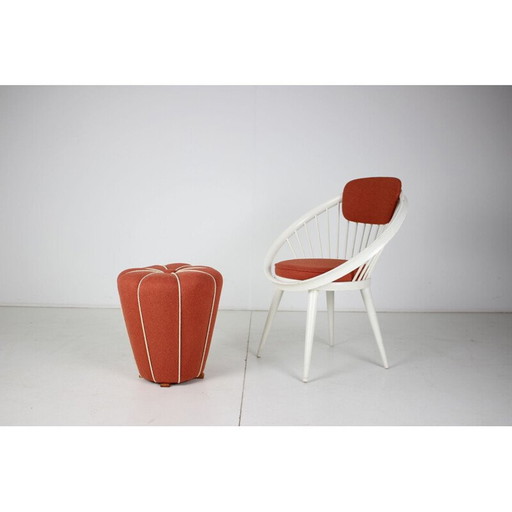 Set of armchair with vintage wood and fabric pouf, Czechoslovakia 1950-1970