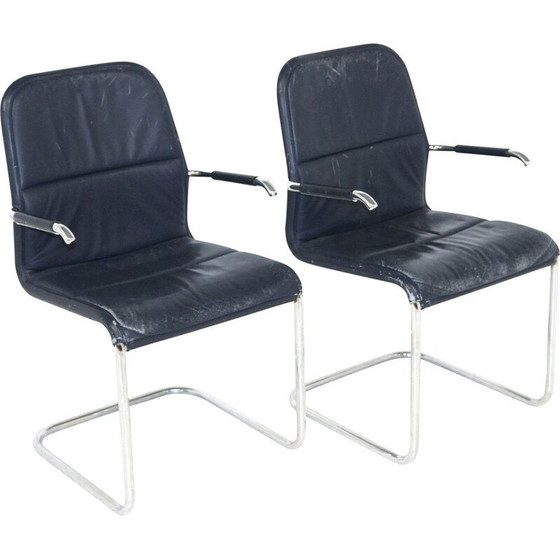 Image 1 of Pair of vintage metal and leather "Cicero" chairs by Kenneth Bergenblad for Dux Aksel, Sweden 1980