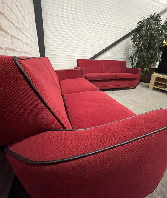 Image 1 of Vintage Red Fabric Sofa Set 3 + 2.5 Seater