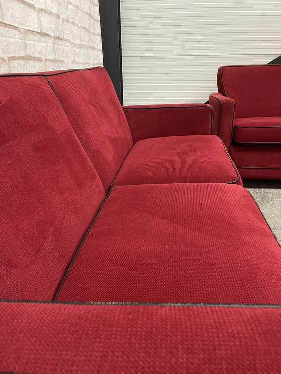 Image 1 of Vintage Red Fabric Sofa Set 3 + 2.5 Seater