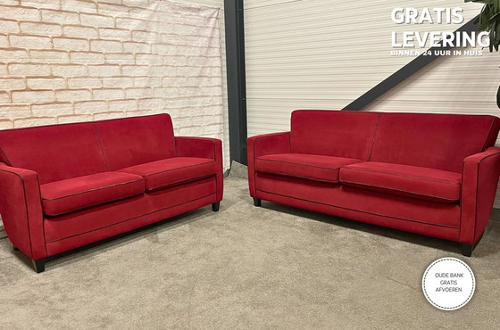 Image 1 of Vintage Red Fabric Sofa Set 3 + 2.5 Seater