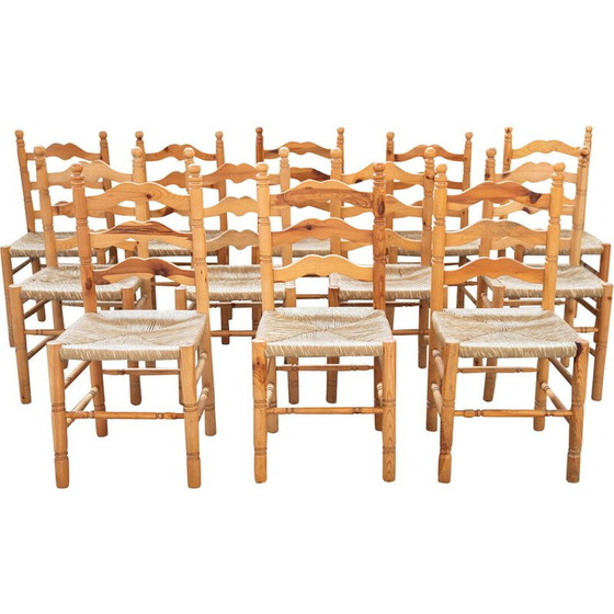 Image 1 of Set of 12 vintage rustic pine chairs, Italy 1990