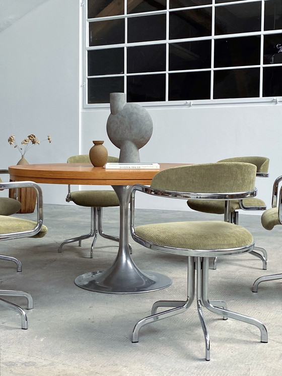 Image 1 of 6 sedie girevoli in velluto a coste cromato italiane degli anni '70, verde oliva e salvia