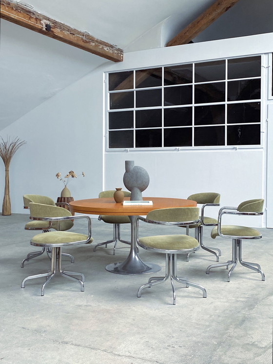 Image 1 of 6 sedie girevoli in velluto a coste cromato italiane degli anni '70, verde oliva e salvia