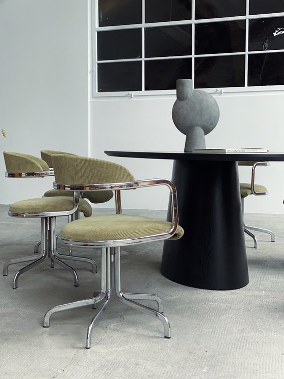 Image 1 of 6 sedie girevoli in velluto a coste cromato italiane degli anni '70, verde oliva e salvia