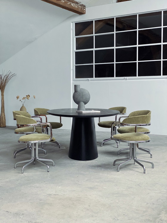 Image 1 of 6 sedie girevoli in velluto a coste cromato italiane degli anni '70, verde oliva e salvia