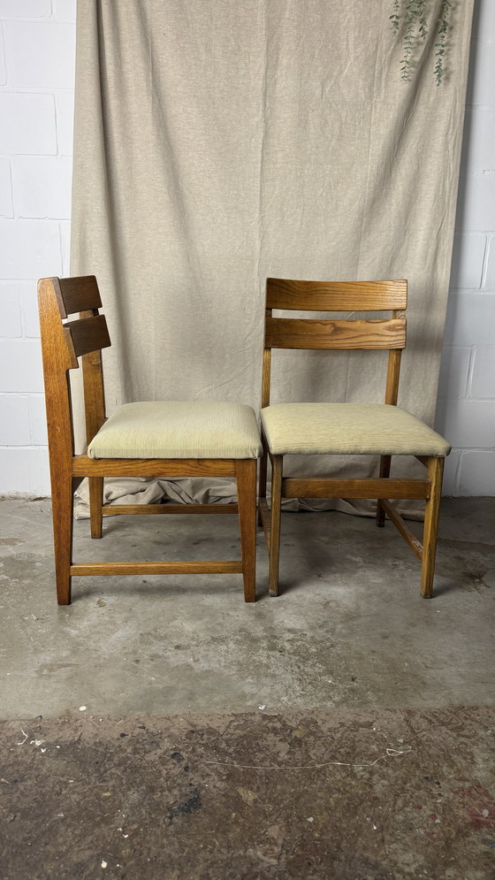 Image 1 of 4X Oak Wood Chairs With Beige Rib Velvet Seat