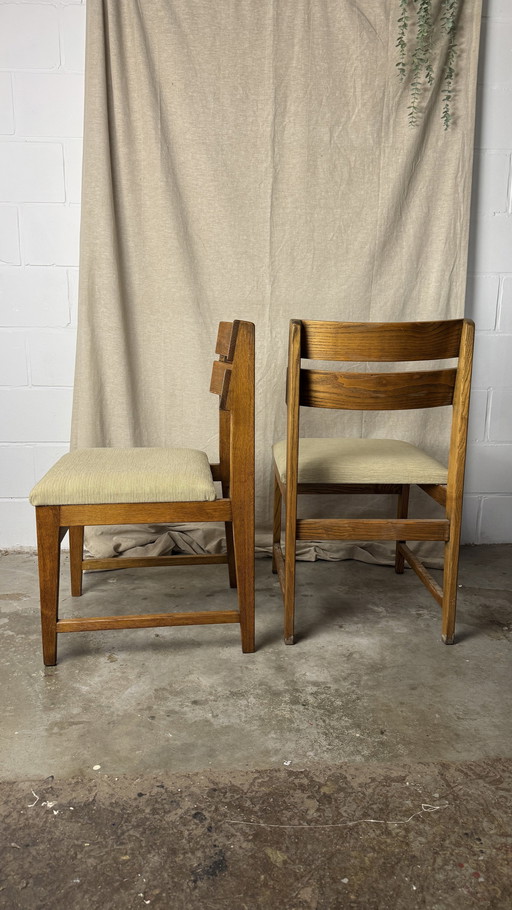 4X Oak Wood Chairs With Beige Rib Velvet Seat