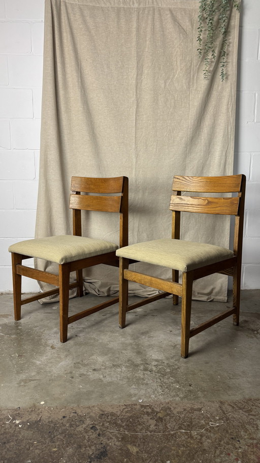 4X Oak Wood Chairs With Beige Rib Velvet Seat