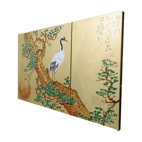 Image 1 of Japanese Crane J380 - Large Gold Painting