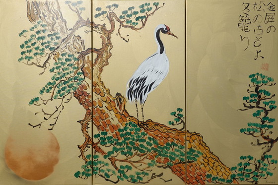 Image 1 of Japanese Crane J380 - Large Gold Painting