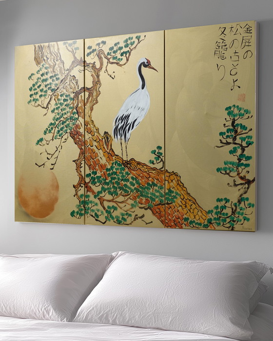 Image 1 of Japanese Crane J380 - Large Gold Painting