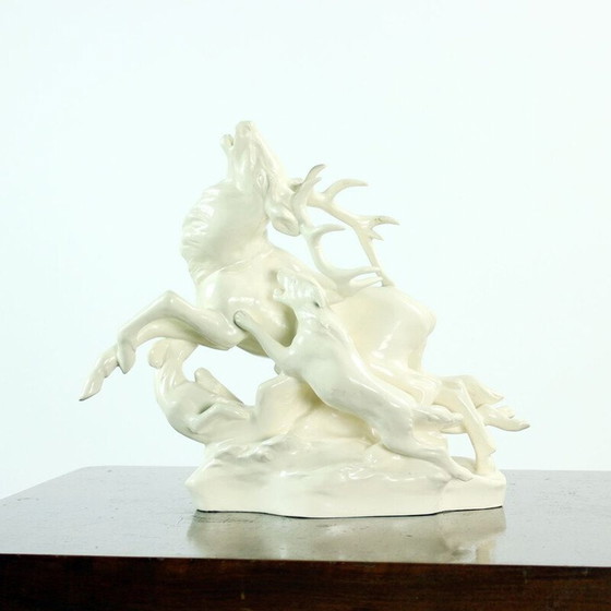Image 1 of Dramatic and powerful vintage hunting sculpture by Lhota, Czechoslovakia 1960