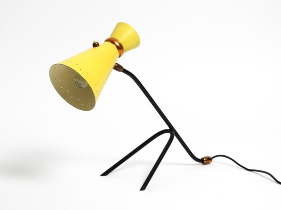 Image 1 of Beautiful Large Mid Century Modern Tripod Table Lamp With Yellow Diabolo Lampshade And Adjustable Neck