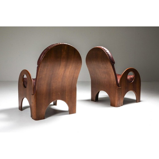 Image 1 of Pair of vintage red leather and walnut armchairs "Arcata" by Gae Aulenti, Italy 1968