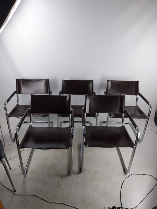 5 X Linea Veam Italy Rigid Leather Tubular Frame Chairs Mart Stam 1970'S