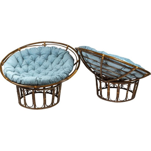 Pair of vintage "Papasan" armchairs in rattan and quilted fabric, 1970
