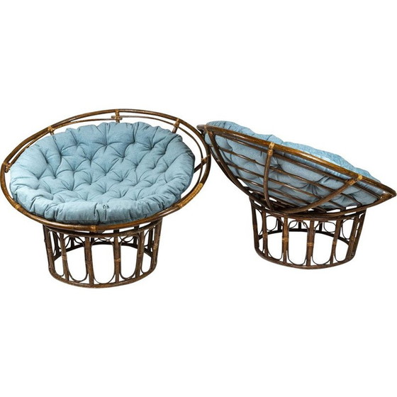 Image 1 of Coppia di poltrone vintage "Papasan" in rattan e tessuto trapuntato, 1970