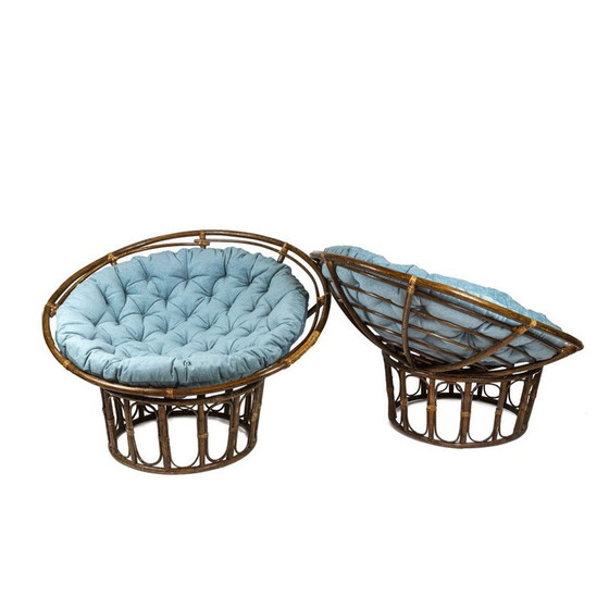 Image 1 of Coppia di poltrone vintage "Papasan" in rattan e tessuto trapuntato, 1970