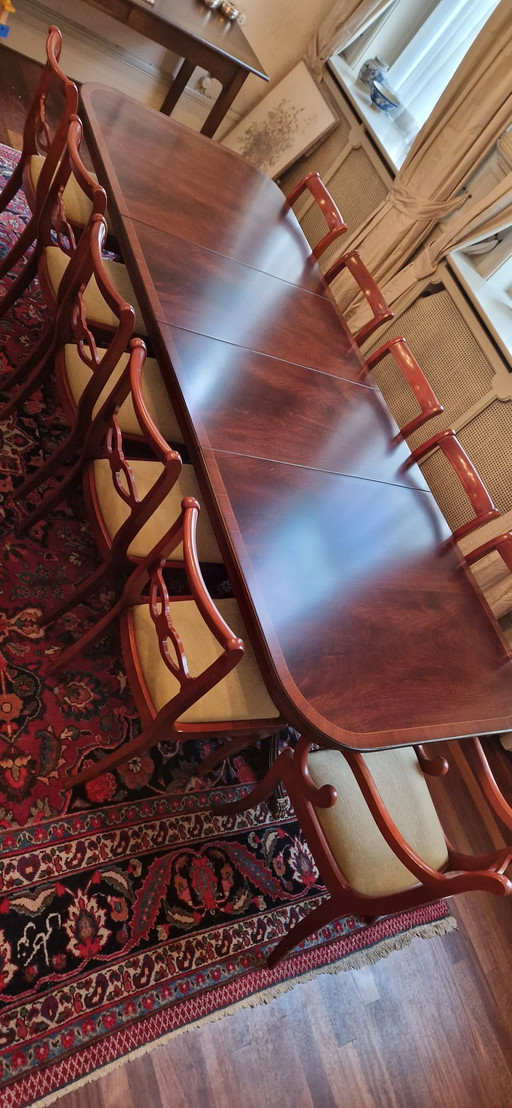 Vintage Wooden Dining Table- Extendable, with 12 Matching Dining Chairs.