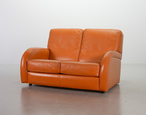 Luxurious Roche Bobois Cognac Leather Design Lounge Loveseat Sofa. France, 1980S.