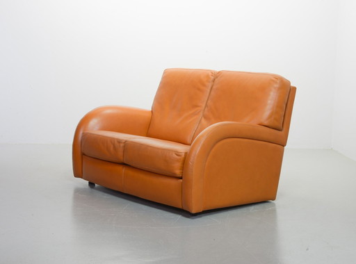 Luxurious Roche Bobois Cognac Leather Design Lounge Loveseat Sofa. France, 1980S.