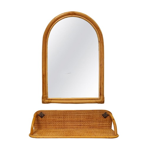 1960S Gorgeous Bamboo And Rattan Mirror And Console. Made In Italy