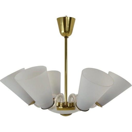 Vintage glass and brass chandelier by Kamenicky Senov, Czechoslovakia 1960