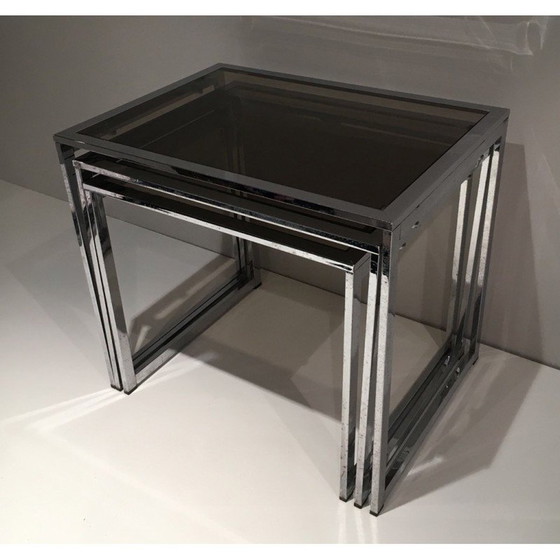 Image 1 of Vintage chrome-plated nesting tables with smoked glass tops, 1970