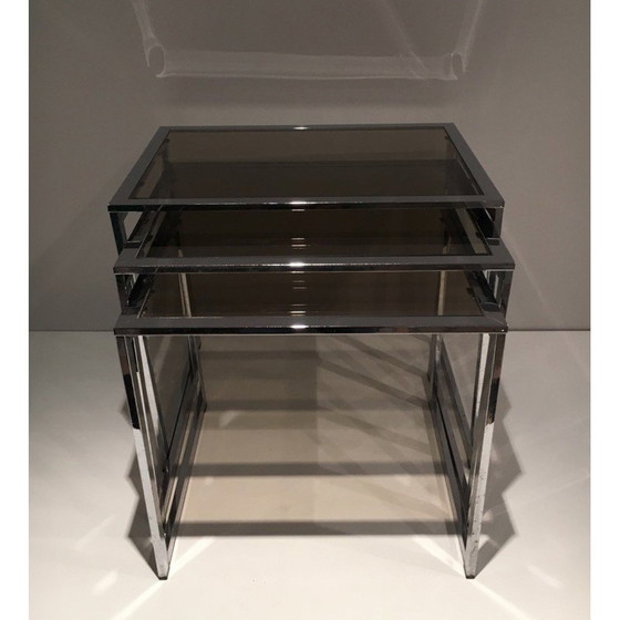 Image 1 of Vintage chrome-plated nesting tables with smoked glass tops, 1970