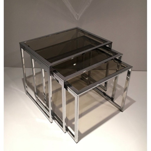 Vintage chrome-plated nesting tables with smoked glass tops, 1970