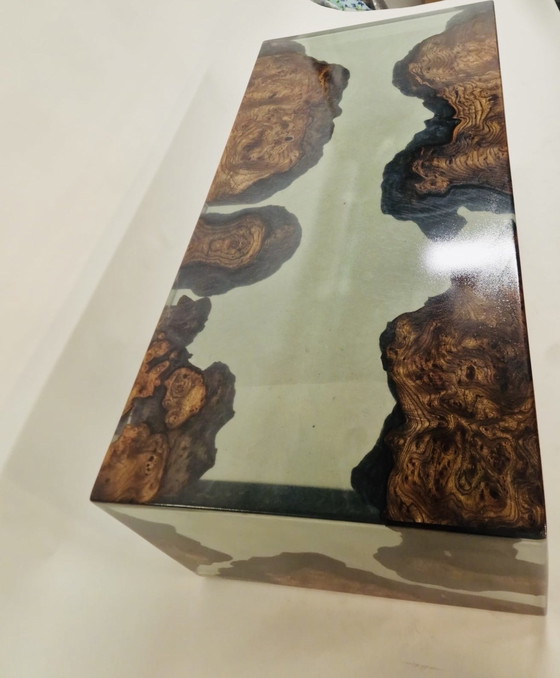 Image 1 of Floating Waterfall Table Of American Elm Wood With Burl. Smokey Grey Semi Transparent