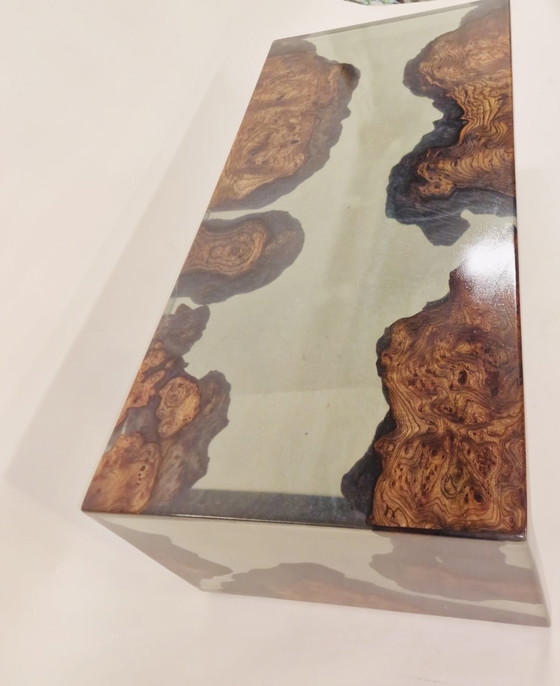 Image 1 of Floating Waterfall Table Of American Elm Wood With Burl. Smokey Grey Semi Transparent