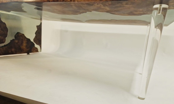 Image 1 of Floating Waterfall Table Of American Elm Wood With Burl. Smokey Grey Semi Transparent