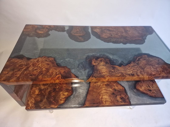 Image 1 of Floating Waterfall Table Of American Elm Wood With Burl. Smokey Grey Semi Transparent