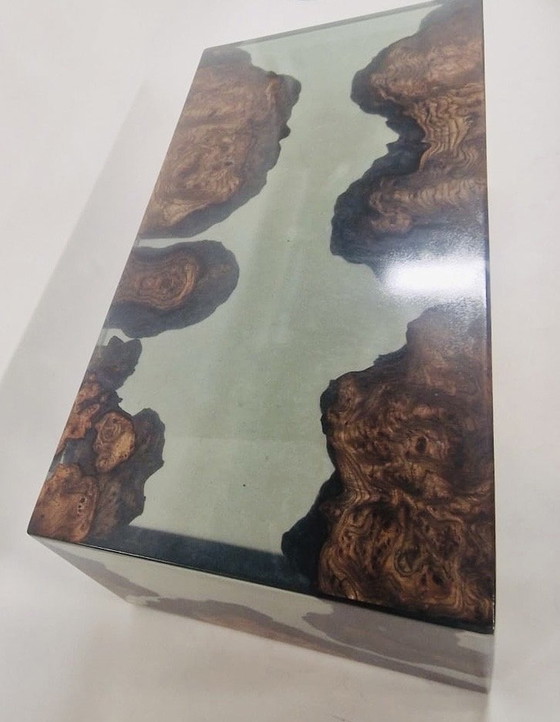 Image 1 of Floating Waterfall Table Of American Elm Wood With Burl. Smokey Grey Semi Transparent