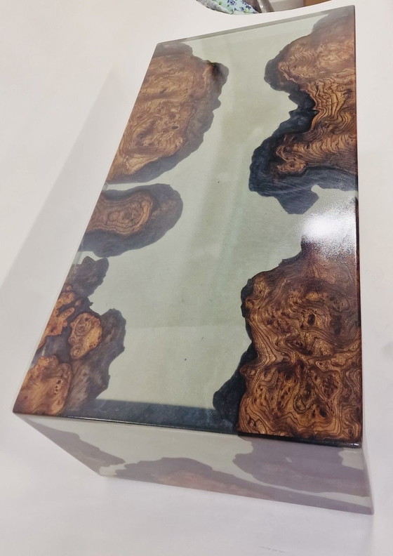 Image 1 of Floating Waterfall Table Of American Elm Wood With Burl. Smokey Grey Semi Transparent