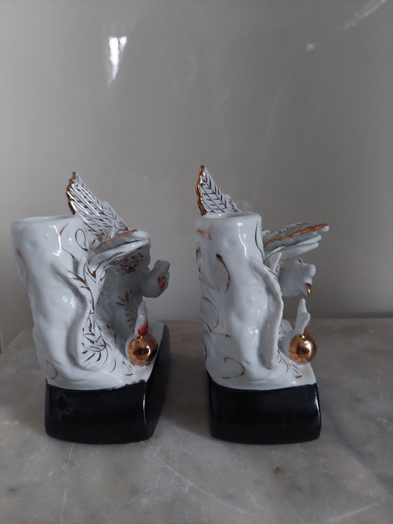 Image 1 of 2X Chinese Candle Holders With Phoenix Bird And Golden Ball Chinese - Pottery