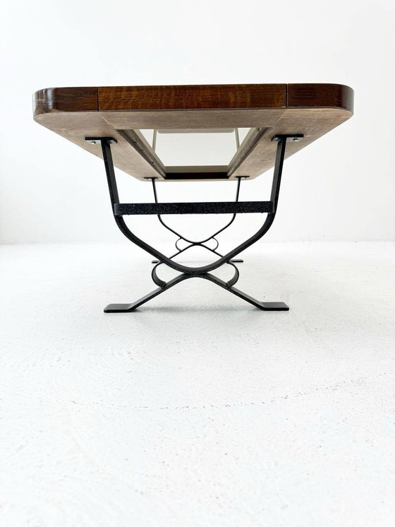 Image 1 of Wrought iron coffee table with smoked glass top & solid wood frame