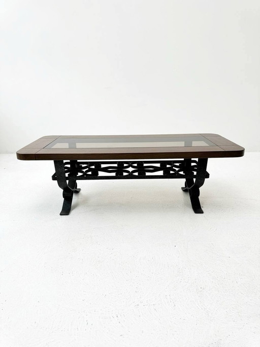 Wrought iron coffee table with smoked glass top & solid wood frame